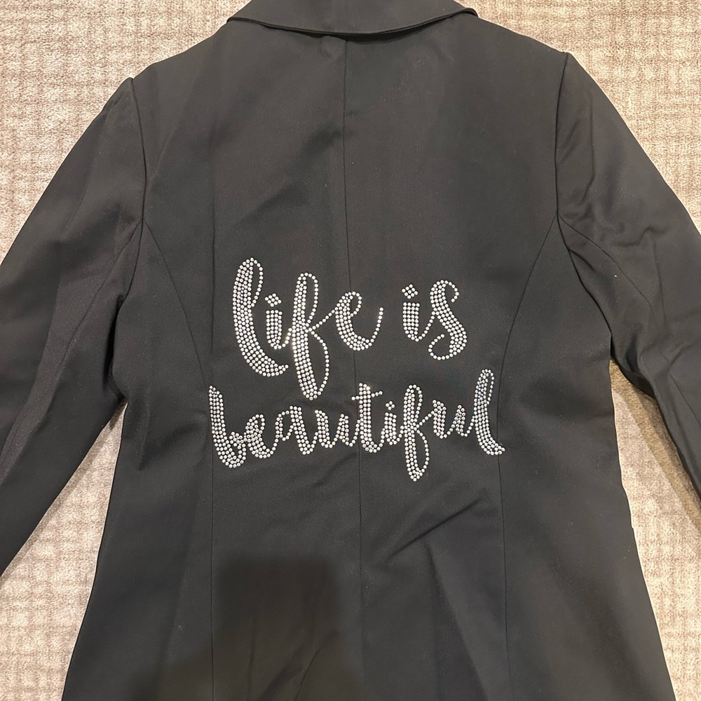 Black Women's Blazer with 'Life Is Beautiful' Embellishment